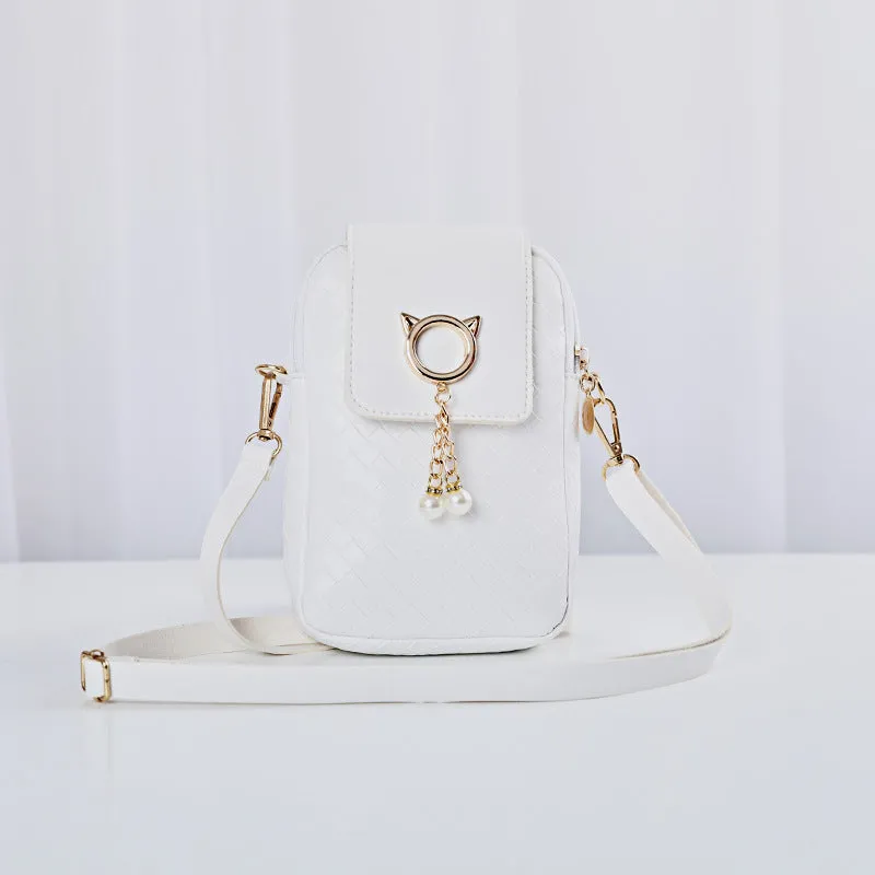 Mobile Phone Bags Women Woven Pearl Tassel Cover Type Crossbody Shoulder Bag