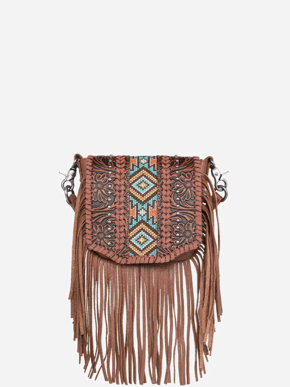 Montana West Genuine Leather Floral Tooled Fringe Crossbody - RLC-L166BR