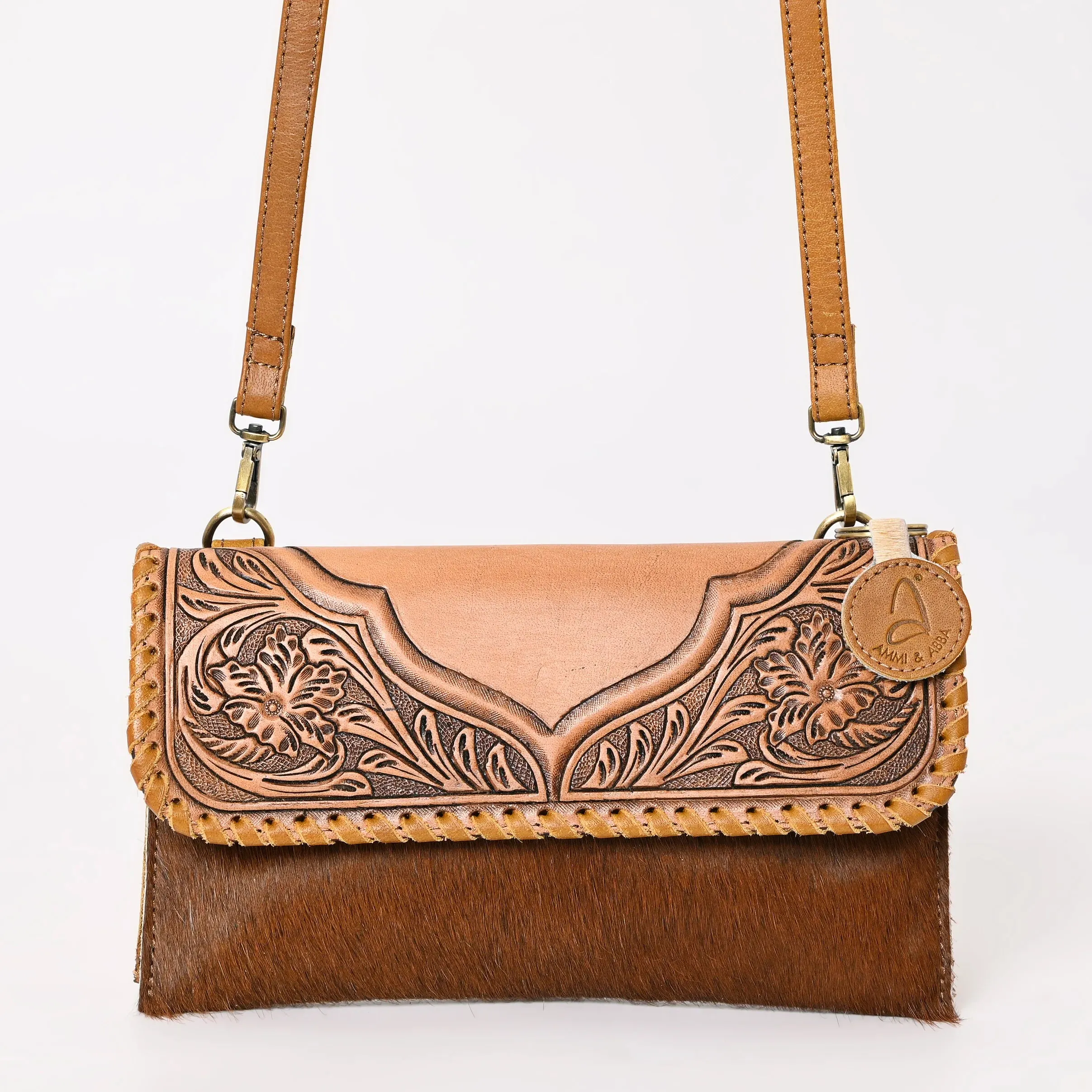 Montana West Ladies 100% Genuine Hair-On Cowhide Leather Crossbody Bag - Tan - A&A-842A-503