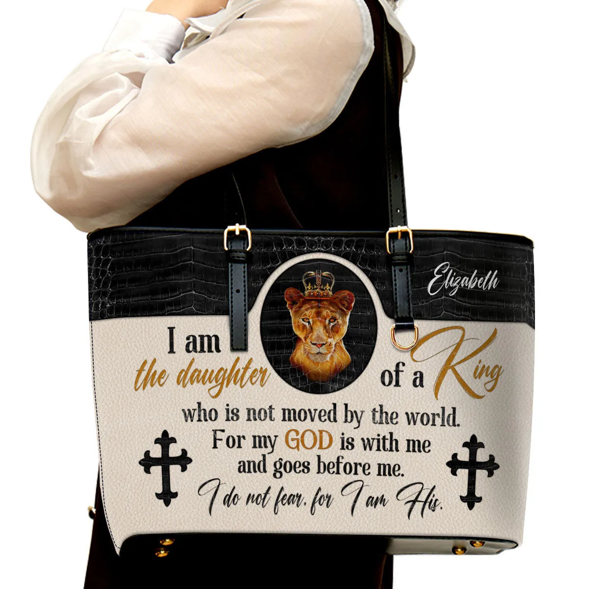 Personalized Large Leather Tote Bag I Do Not Fear For I Am His - Spiritual Gifts For Christian Women