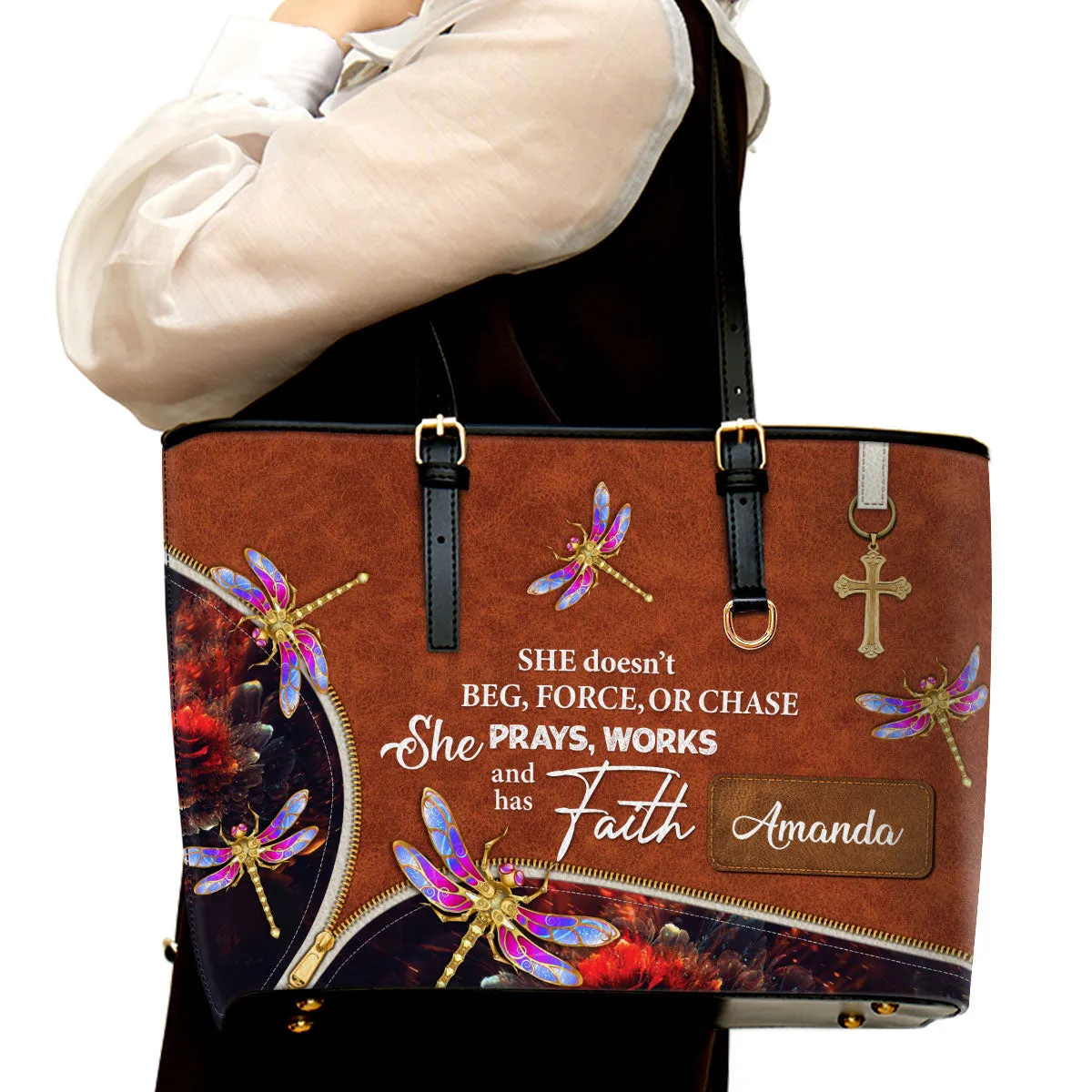 Personalized Large Leather Tote Bag She Prays Works And Has Faith - Spiritual Gifts For Christian Women