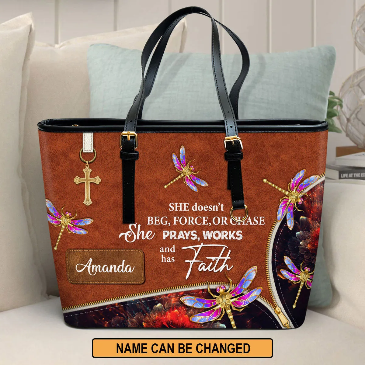 Personalized Large Leather Tote Bag She Prays Works And Has Faith - Spiritual Gifts For Christian Women