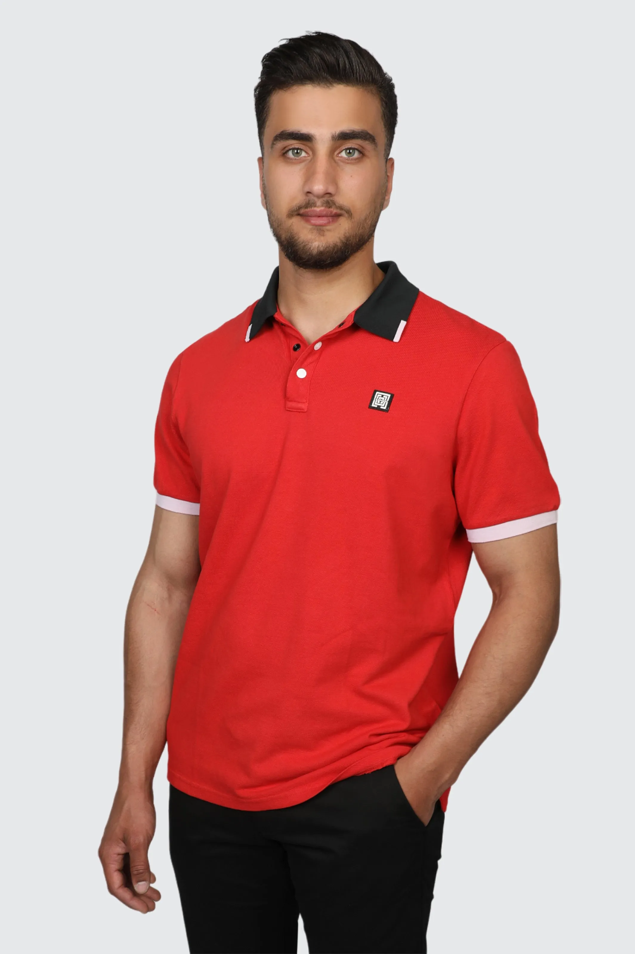 Red Polo With White Shoulder Strip