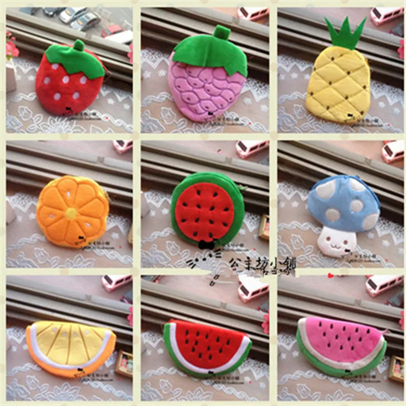 Retail girls fruit coin purses kids Plush Watermelon Strawberry ladies small wallet bag key case women handbag Card Holders