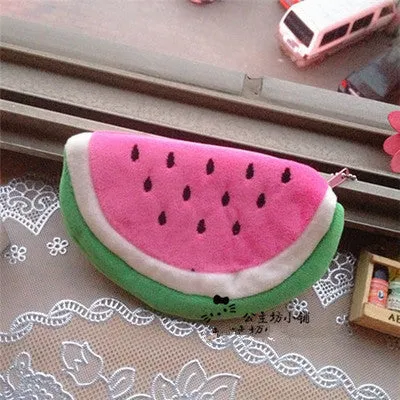 Retail girls fruit coin purses kids Plush Watermelon Strawberry ladies small wallet bag key case women handbag Card Holders