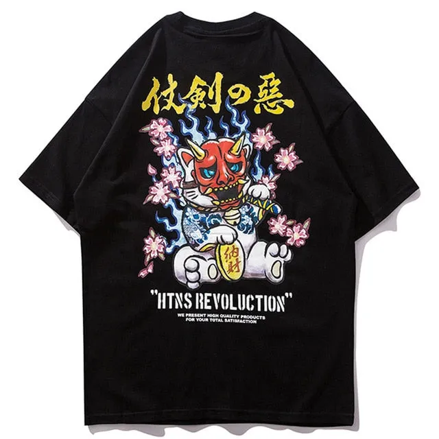 Samurai Cat Printed Hip Hop Streetwear Loose Tees