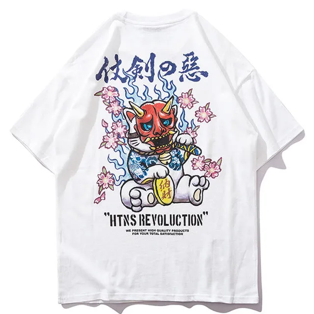 Samurai Cat Printed Hip Hop Streetwear Loose Tees