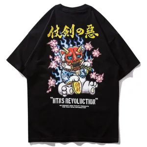 Samurai Cat Printed Hip Hop Streetwear Loose Tees