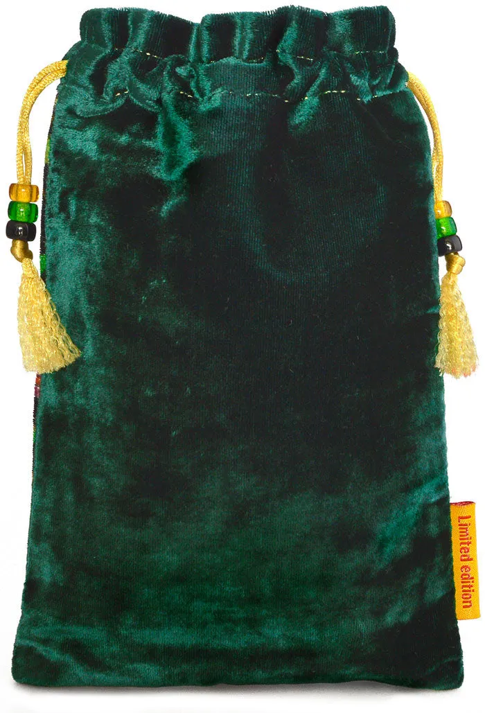 The Little Brown Hare bag. Printed on silk velvet. Green velvet version.