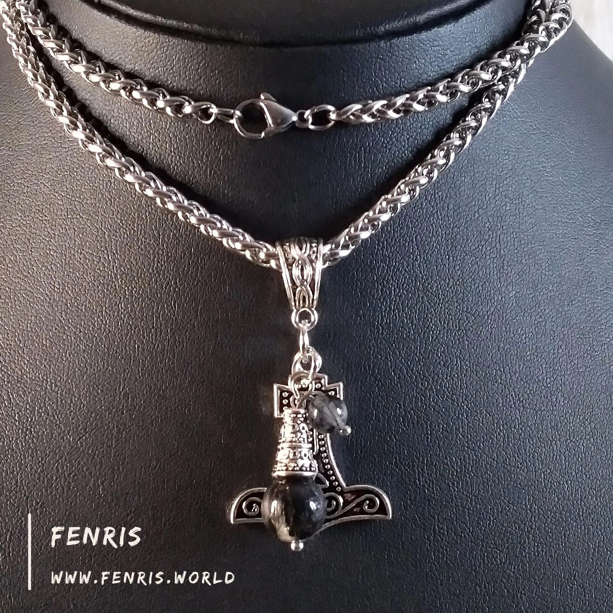 Thor's Hammer Necklace Silver Tourmalinated Quartz Hand Made | Fenris MTM