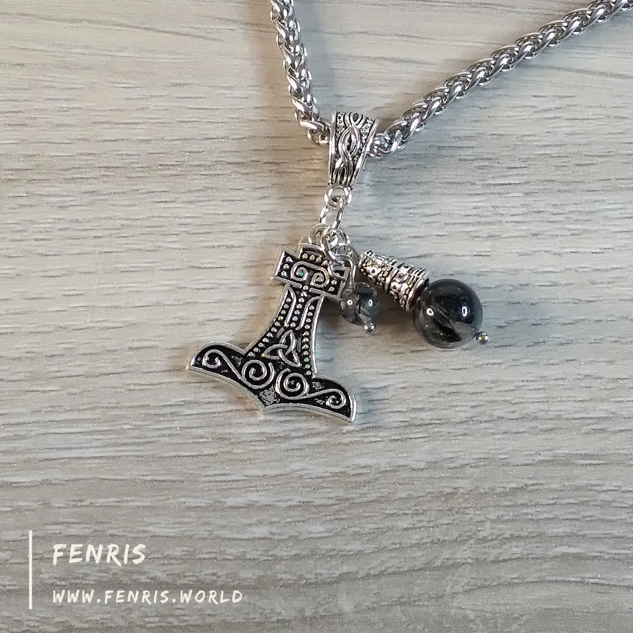 Thor's Hammer Necklace Silver Tourmalinated Quartz Hand Made | Fenris MTM