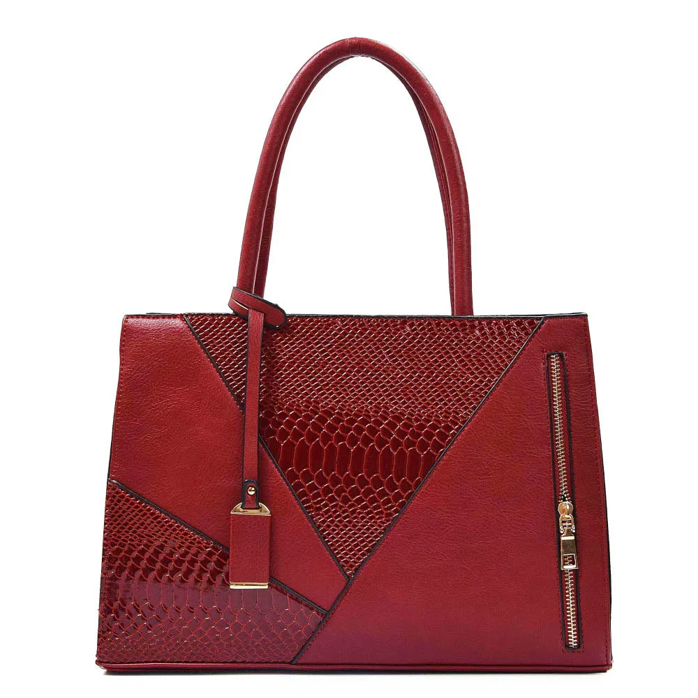 Two Color Accent Luxury Serpentine Leather Tote Bag