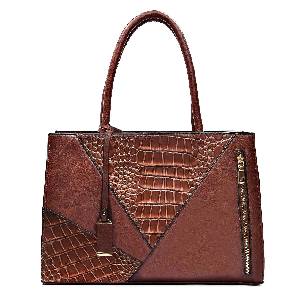 Two Color Accent Luxury Serpentine Leather Tote Bag