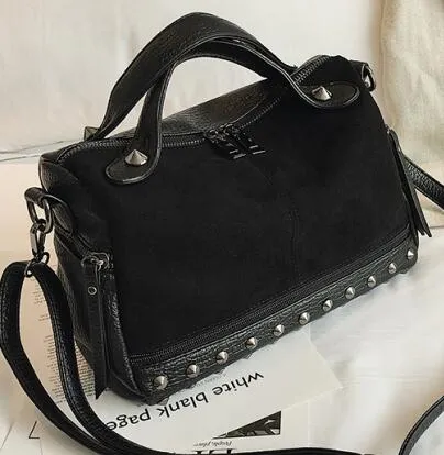 Velvet Rivet Punk Style Leather Suede Patchwork Shoulder Bag