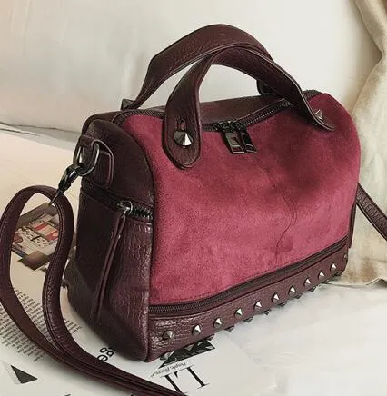 Velvet Rivet Punk Style Leather Suede Patchwork Shoulder Bag