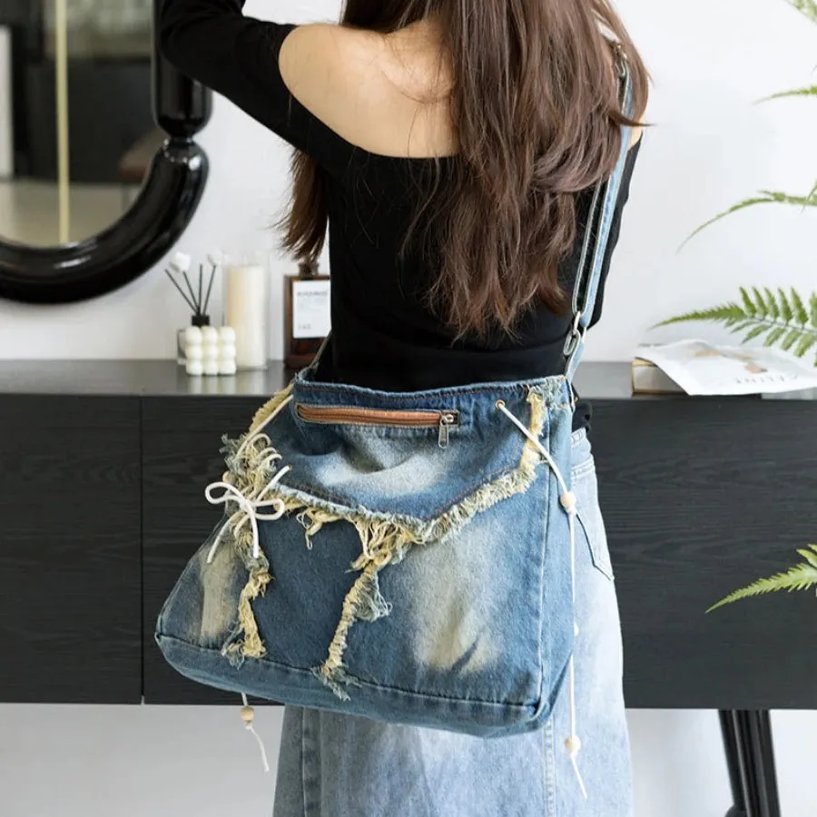 Vintage Aesthetic Korean Hobo Denim Tote Bag