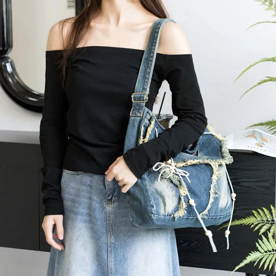 Vintage Aesthetic Korean Hobo Denim Tote Bag