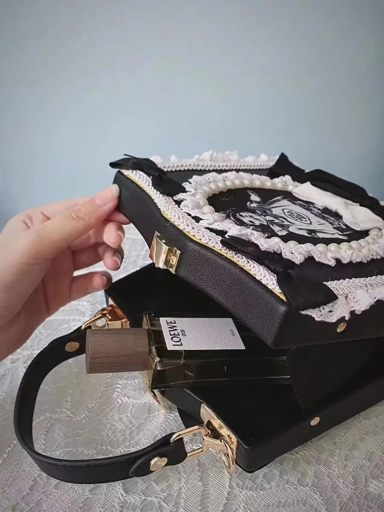 Vintage Lace Black Satchels Doll Punk White Bowtie Imitation Pearl Bag