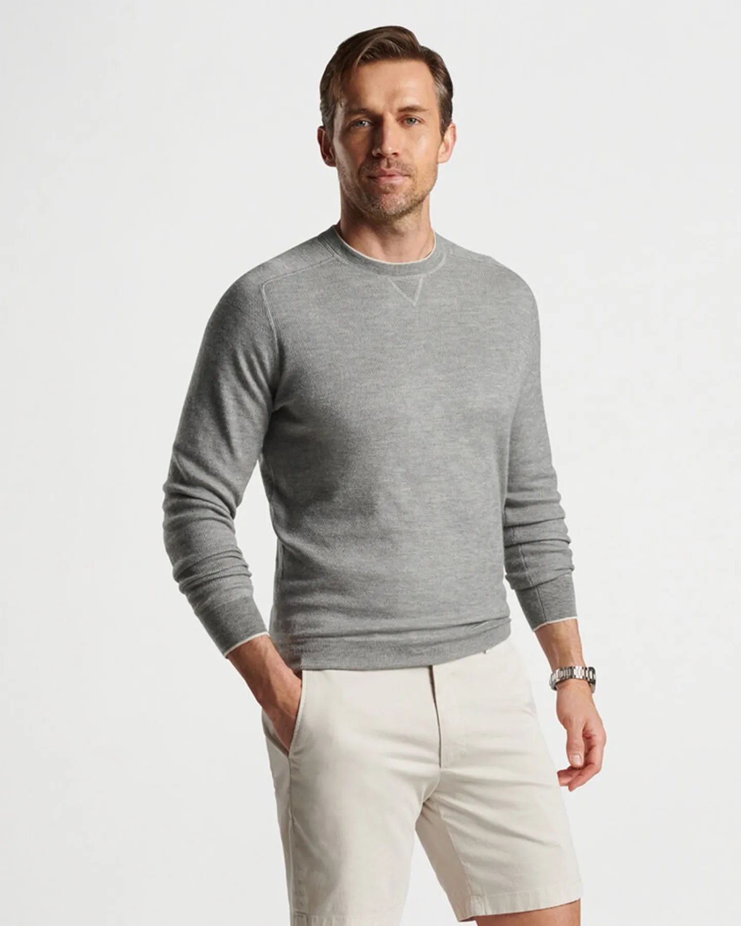 VOYAGER CASHMERE-SILK SADDLE SHOULDER CREW NECK SWEATER - GALE GREY