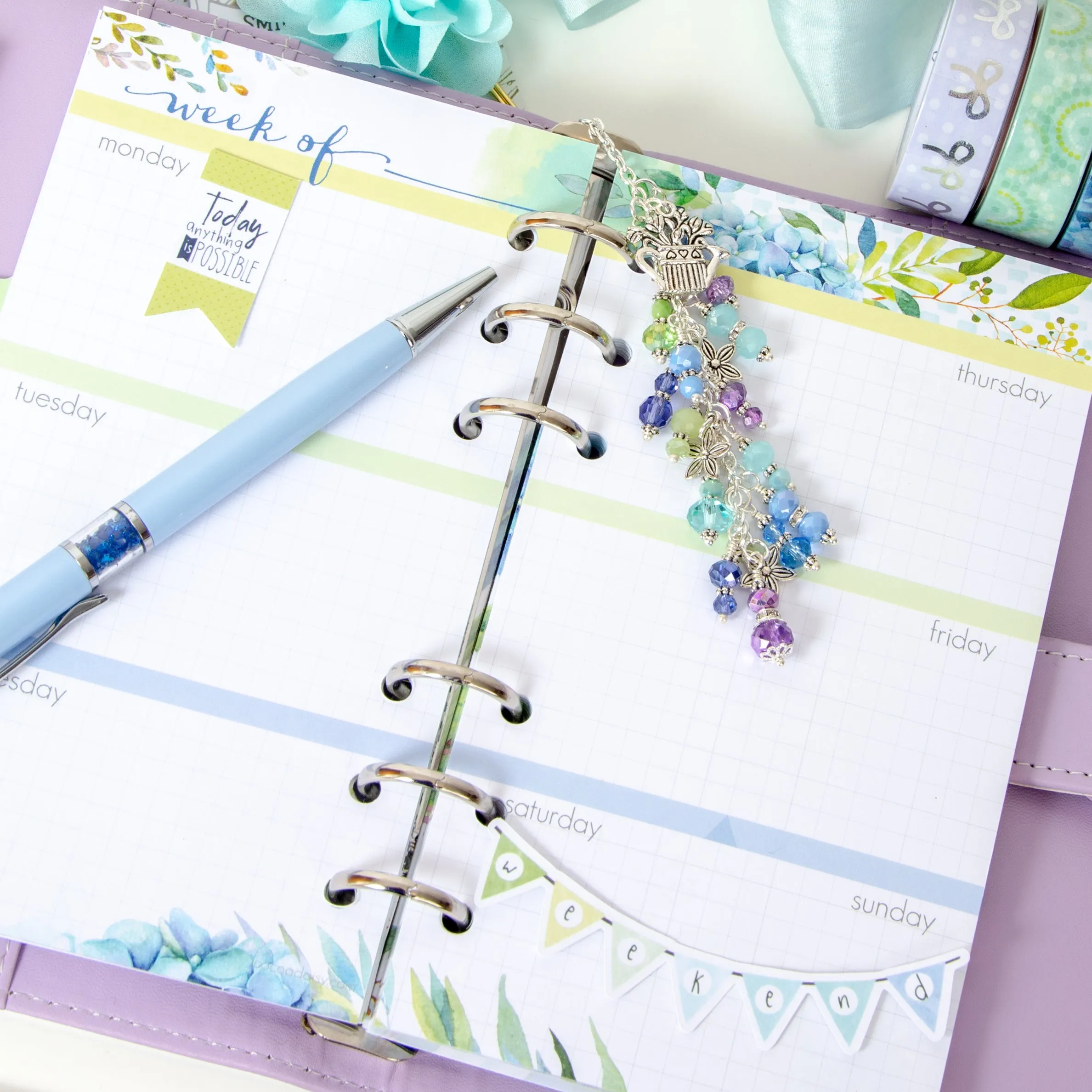 Watering Can Bouquet Planner Charm with Purple, Aqua and Green Crystal Dangle