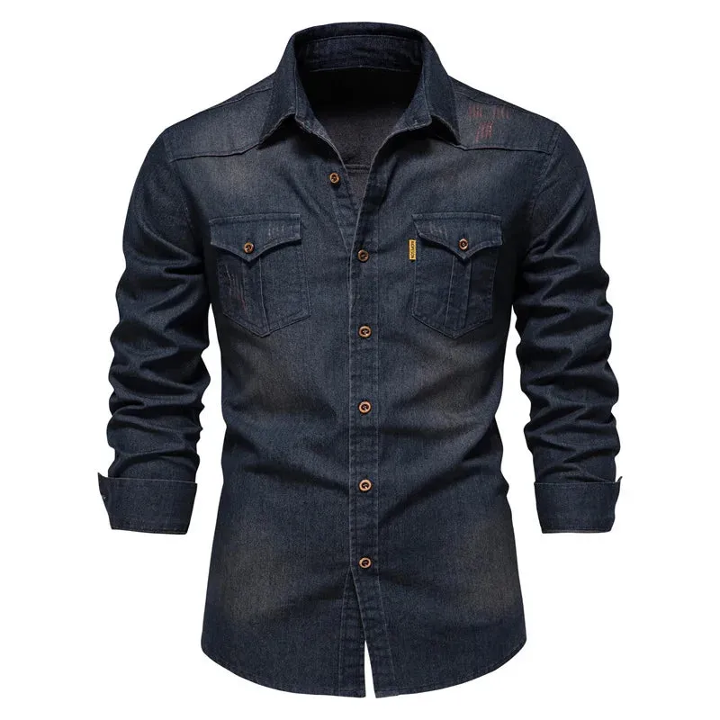 Wiaofellas  -  Men Slim Casual Shirts Blouses Long Sleeve Cotton Denim Shirt For Men Oversized Soild Top Fashion Cowboy Shirt Male Clothes 5XL