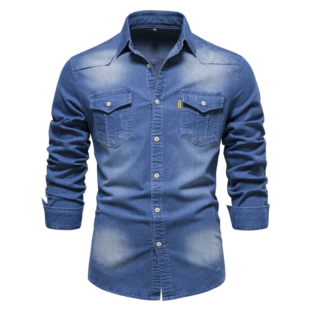 Wiaofellas  -  Men Slim Casual Shirts Blouses Long Sleeve Cotton Denim Shirt For Men Oversized Soild Top Fashion Cowboy Shirt Male Clothes 5XL