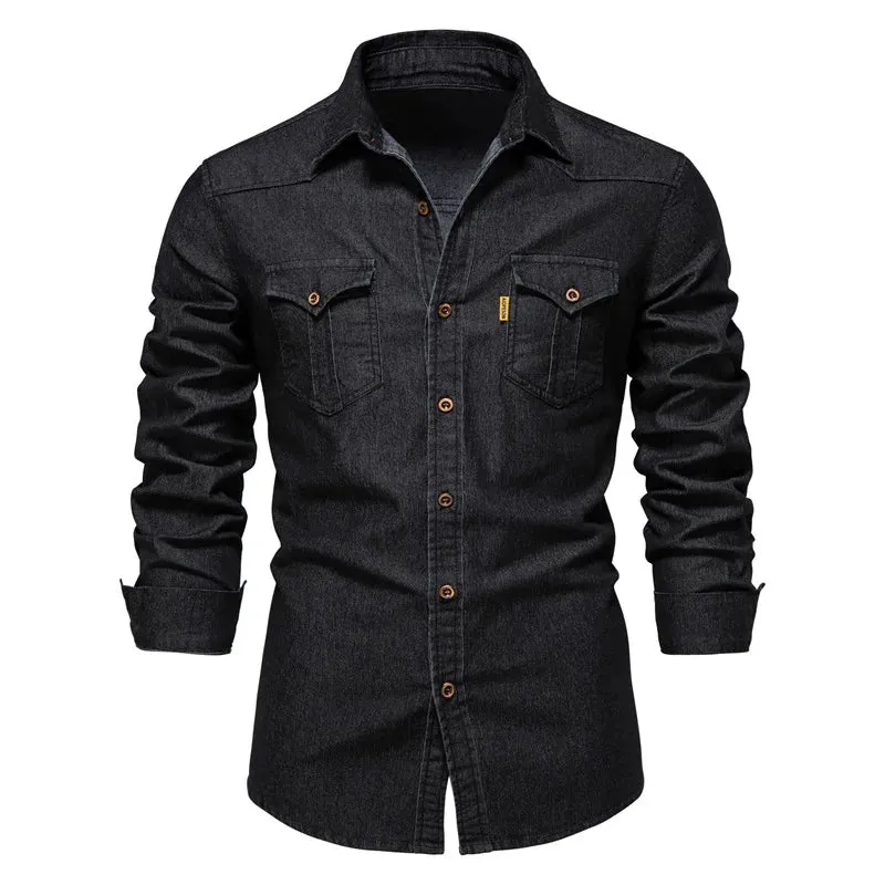 Wiaofellas  -  Men Slim Casual Shirts Blouses Long Sleeve Cotton Denim Shirt For Men Oversized Soild Top Fashion Cowboy Shirt Male Clothes 5XL