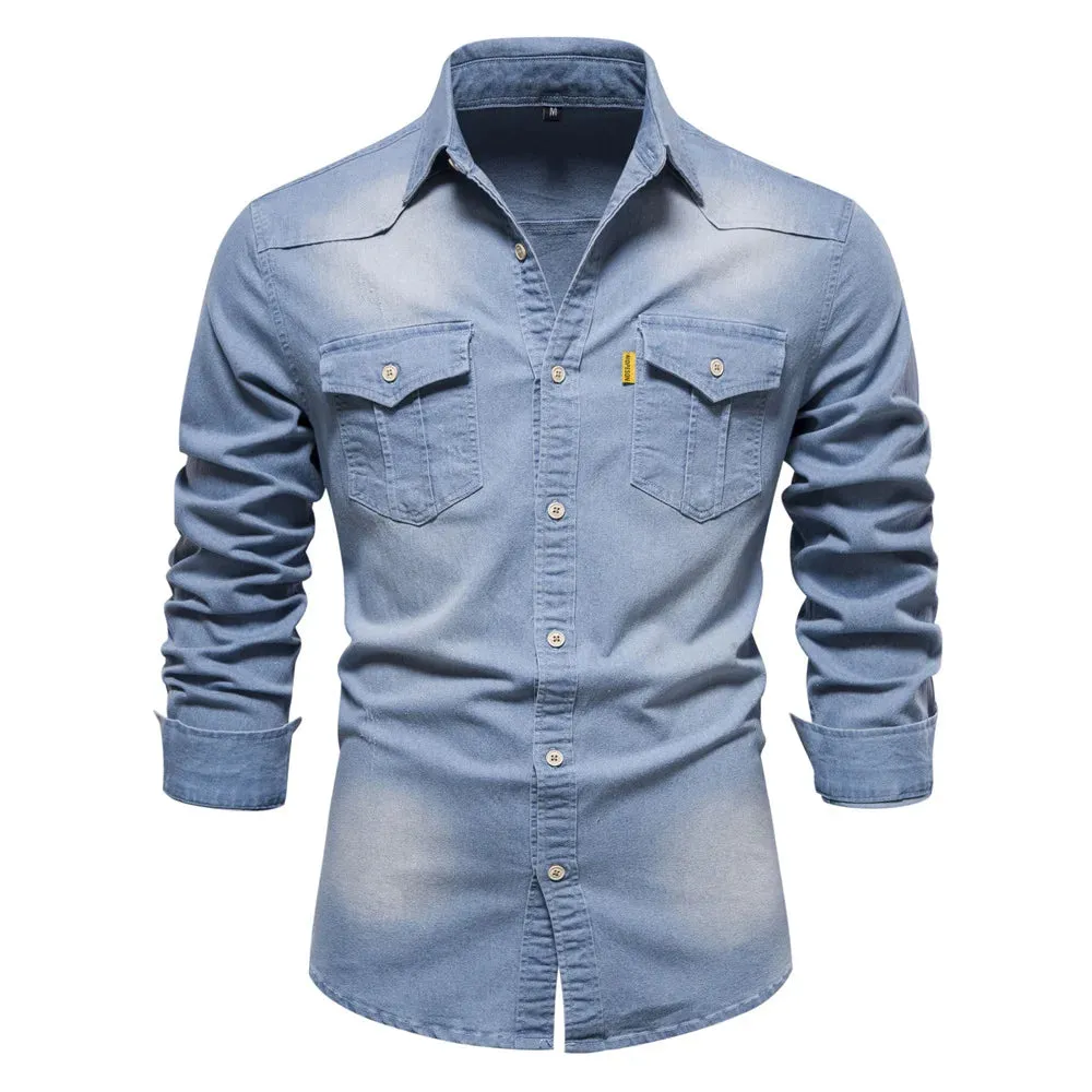 Wiaofellas  -  Men Slim Casual Shirts Blouses Long Sleeve Cotton Denim Shirt For Men Oversized Soild Top Fashion Cowboy Shirt Male Clothes 5XL