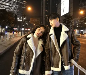 Winter jacket plus velvet thickening couple suede lapel lamb