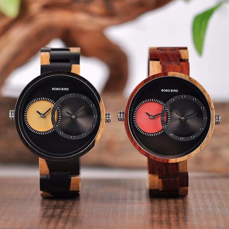 Wooden Watch Quartz 2 Time Zone For Men and Women