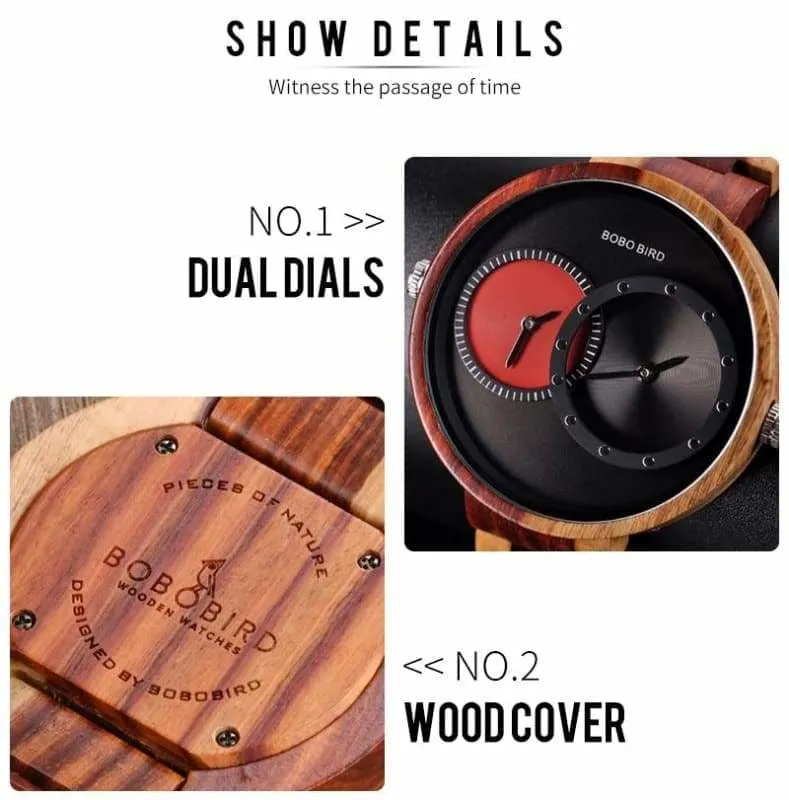 Wooden Watch Quartz 2 Time Zone For Men and Women