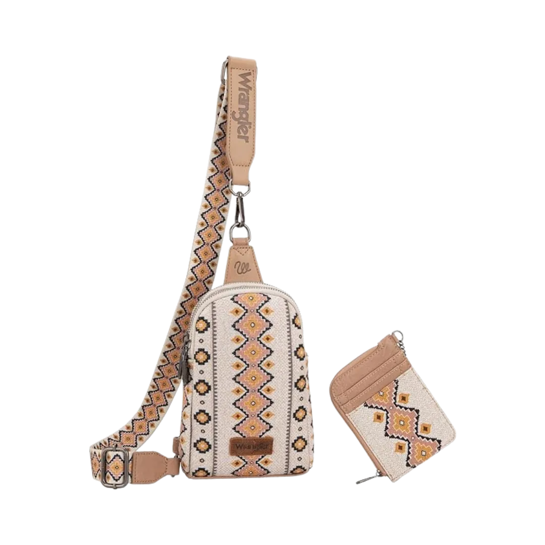 Wrangler Women's Aztec Print Crossbody Sling Chest Bag With Zip Card Holder Set